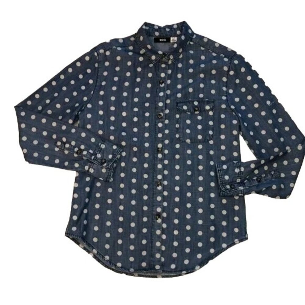 BDG Button Down Shirt Sz S Chambray Denim with White Polka Dots Long Sleeve